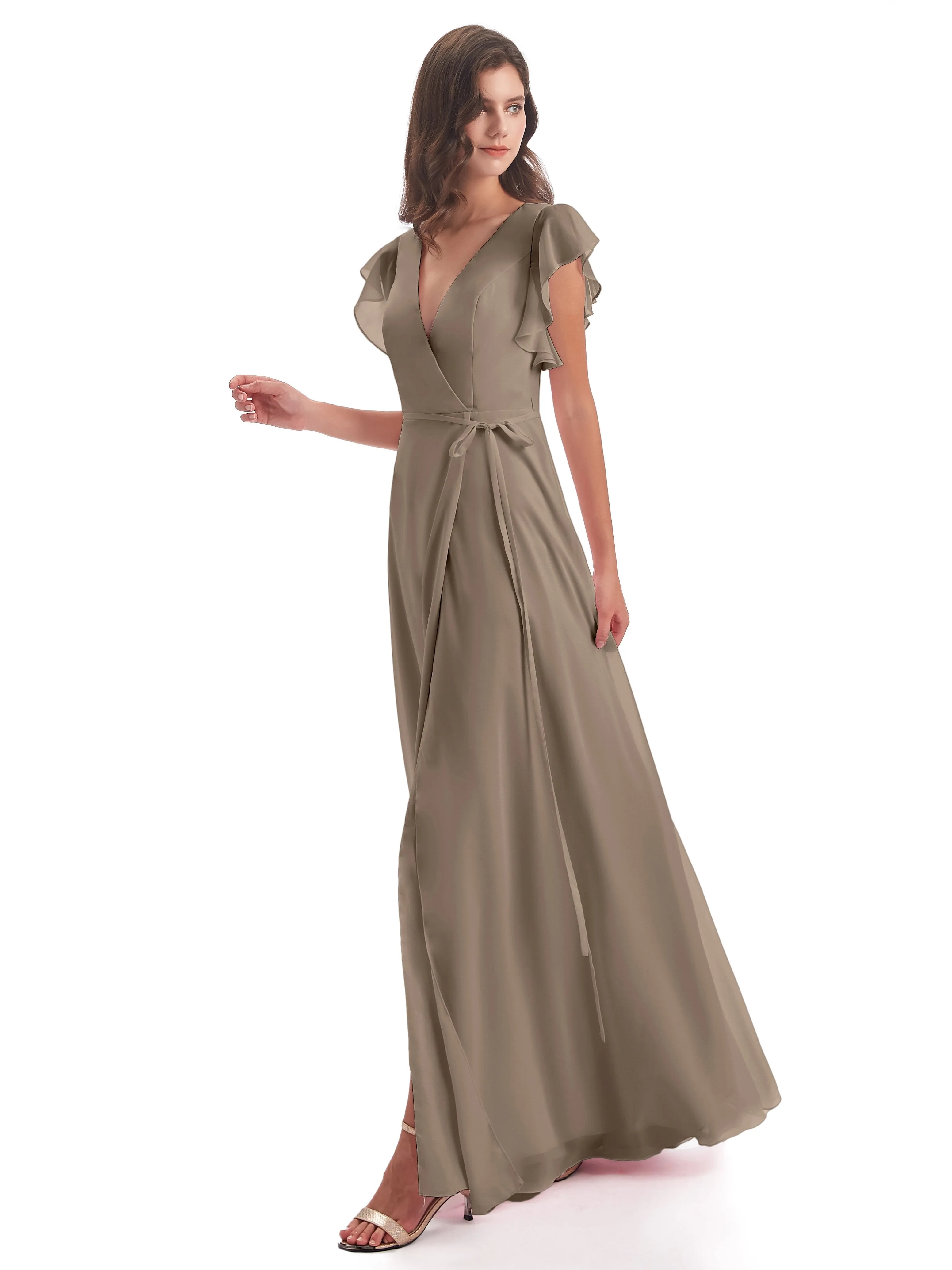 Taupe Bridesmaids Hope Charming V Neck Long Chiffon Bridesmaid Dresses