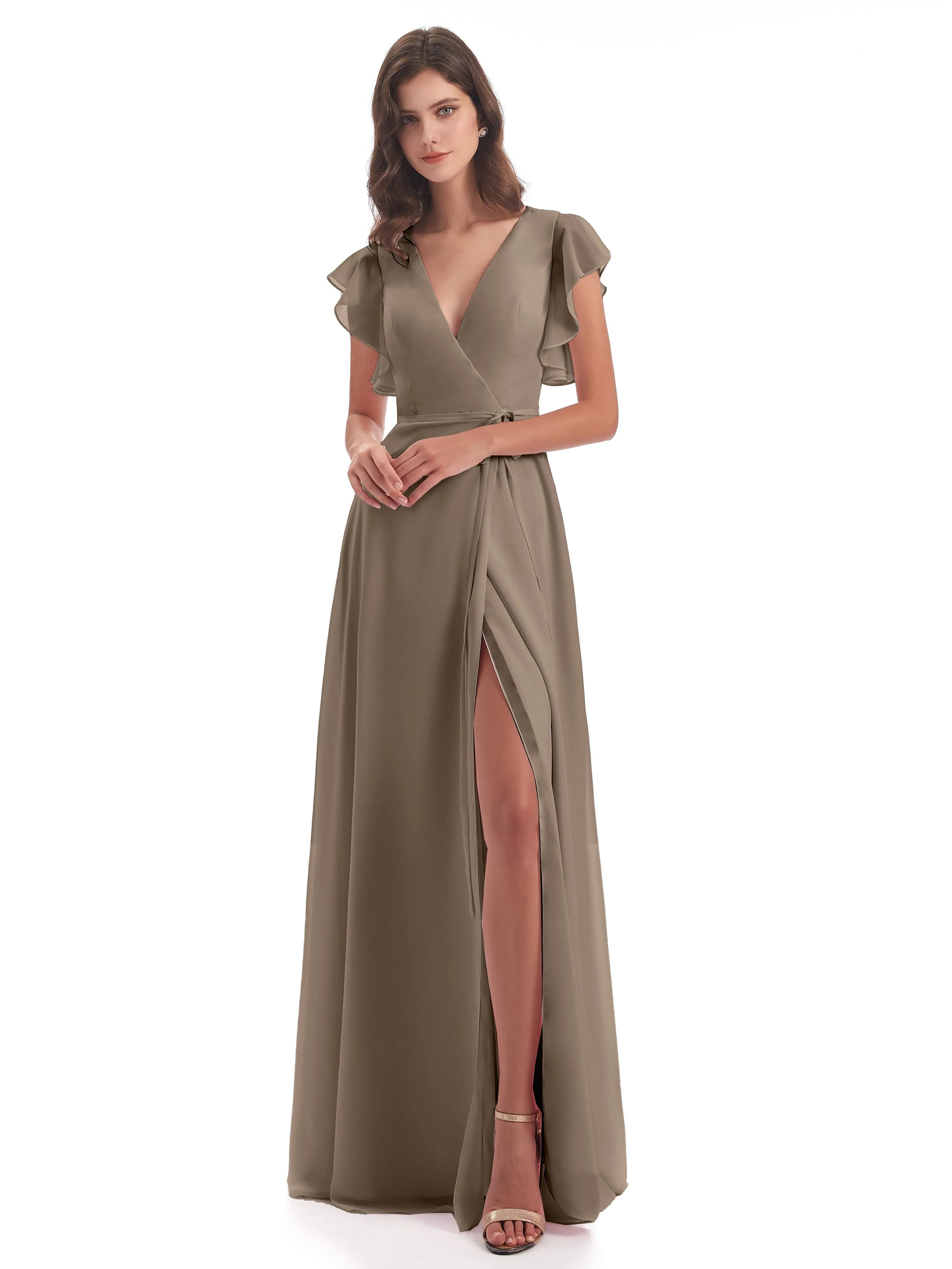 Taupe Bridesmaids Hope Charming V Neck Long Chiffon Bridesmaid Dresses