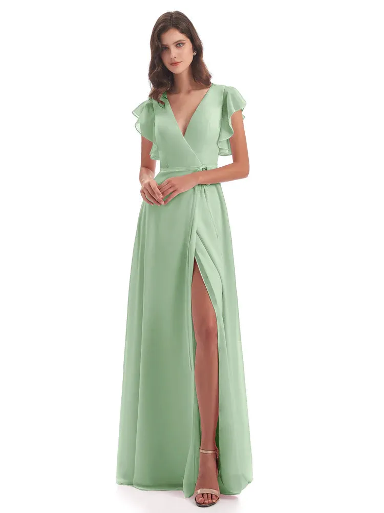 Wedding Dusty Sage Green Bridesmaid Dresses Hope Charming V Neck Long Chiffon Bridesmaid Dresses