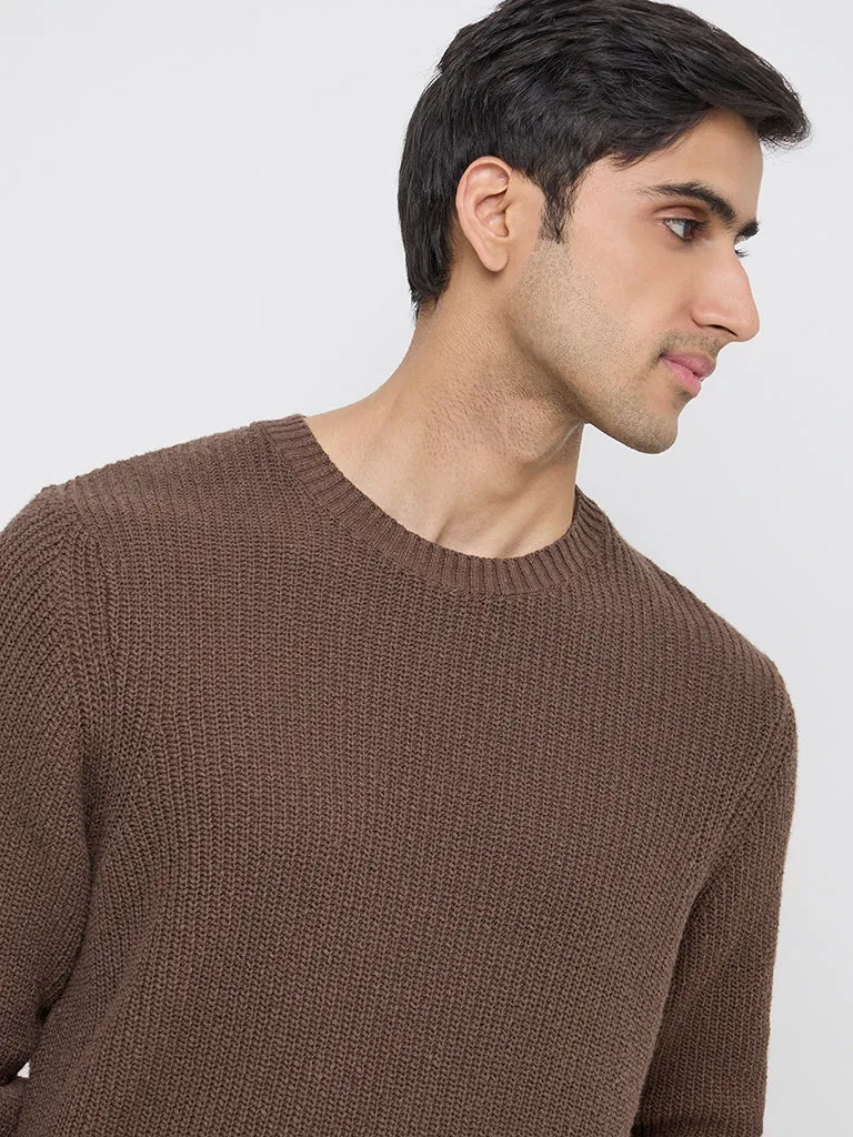 WES Casuals Dark Brown Knitted Relaxed-Fit Cotton Sweater