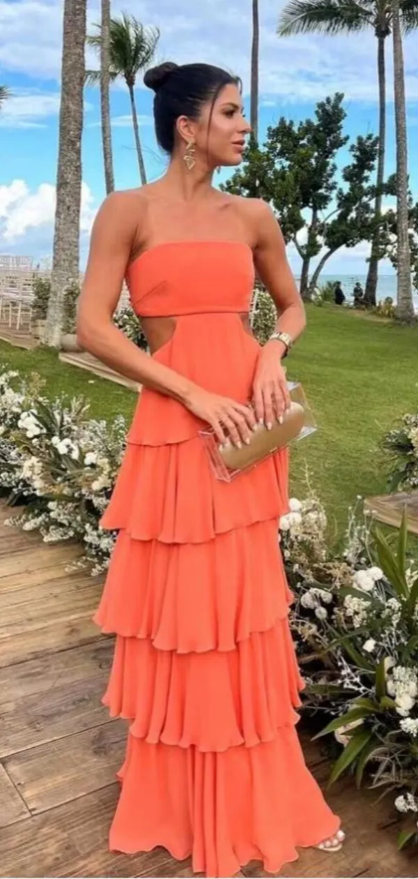 Women Burn-Orange Ruffle Strapless Floor-Length Prom Dresses PDS1174