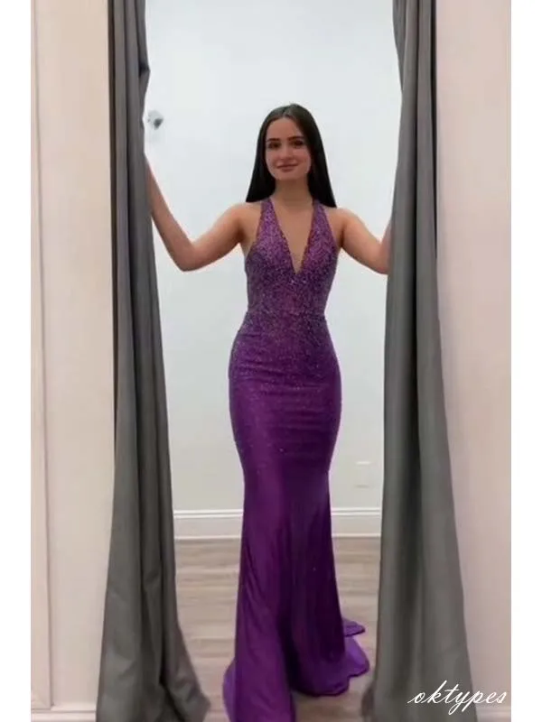 Women Elegant Orchid Deep-V-Neck Long Mermaid Evening Dresses PDS1072